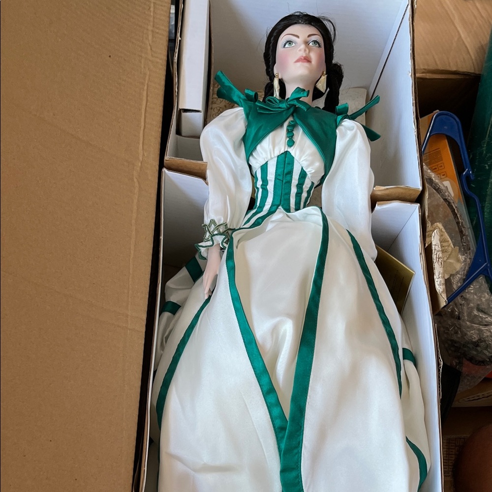 Elegant Green and White Porcelain Doll